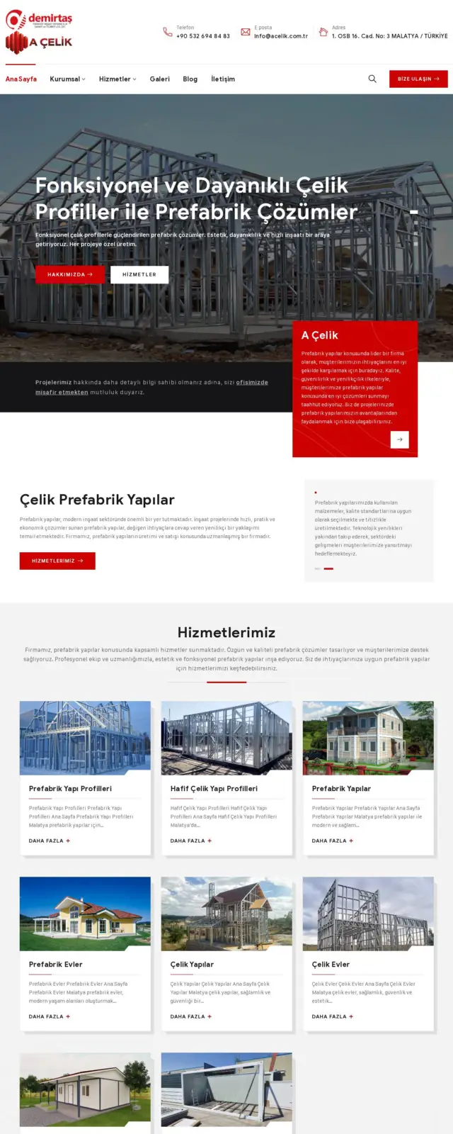 A Çelik Prefabrik web sitesi ekran görüntüsü