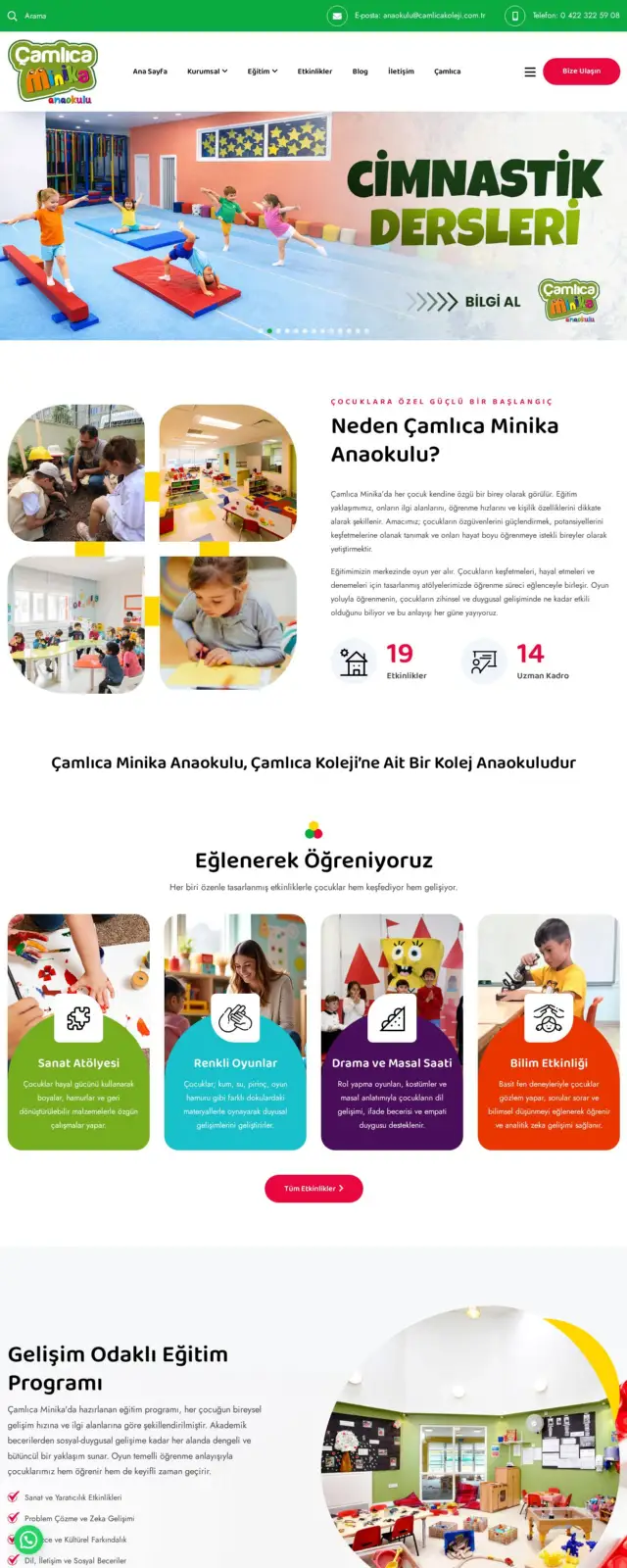 Çamlıca Minika Anaokulu web sitesi ekran görüntüsü