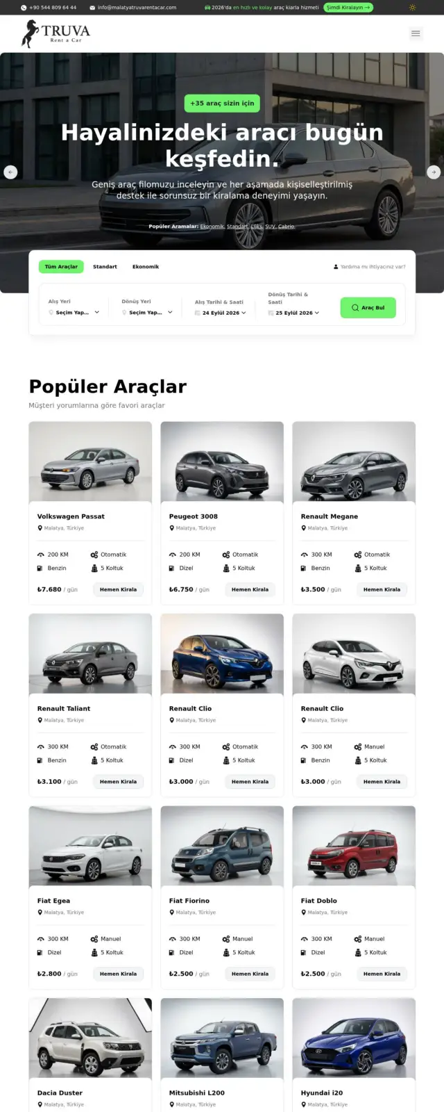 Truva Rent A Car web sitesi ekran görüntüsü