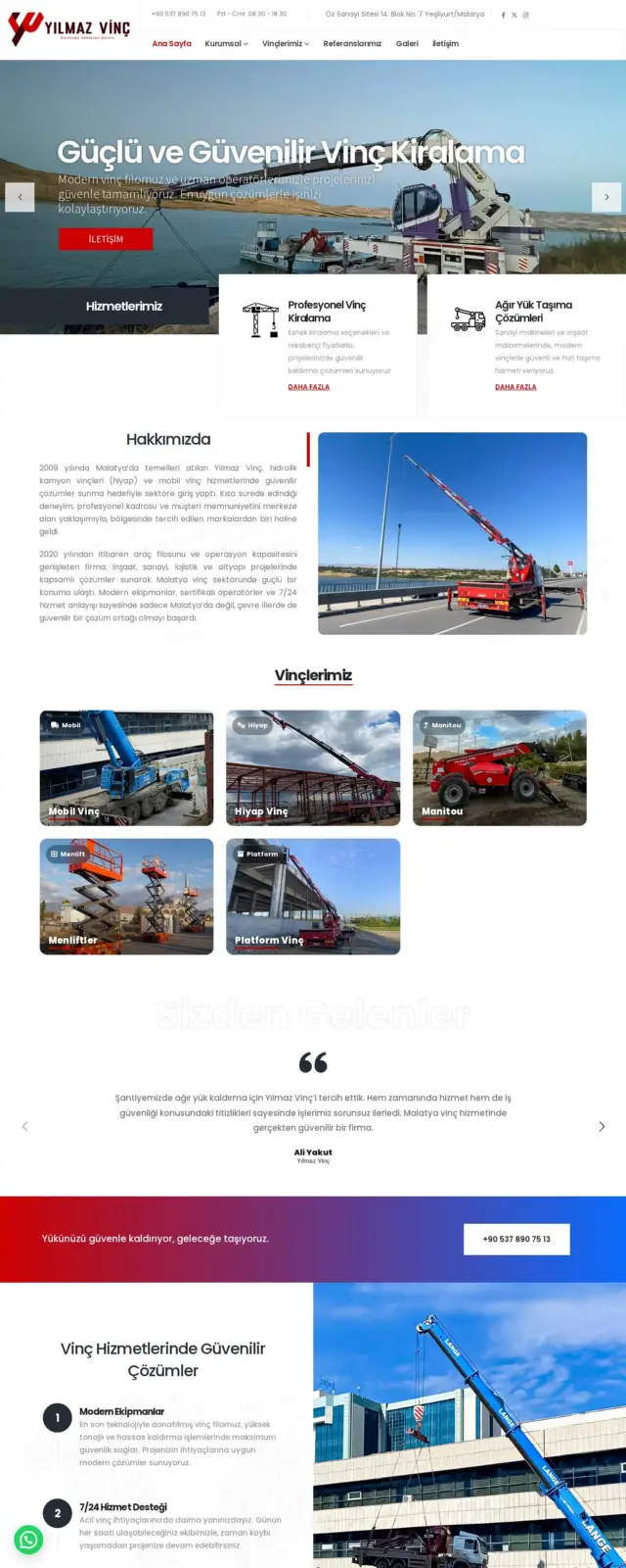 Yılmaz Vinç web sitesi ekran görüntüsü