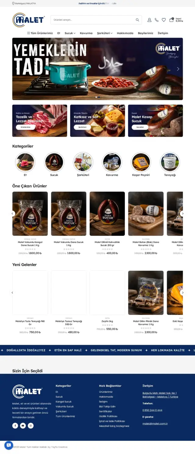 Malet Malatya Et & Şarküteri web sitesi ekran görüntüsü