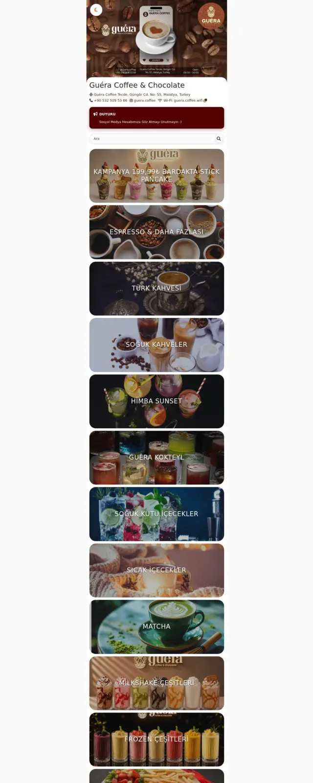 Guéra Coffee QR Menü web sitesi ekran görüntüsü